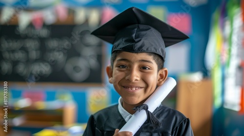 Proud Hispanic Boy Graduating from Middle School - Relief and Achievement in Classroom Setting