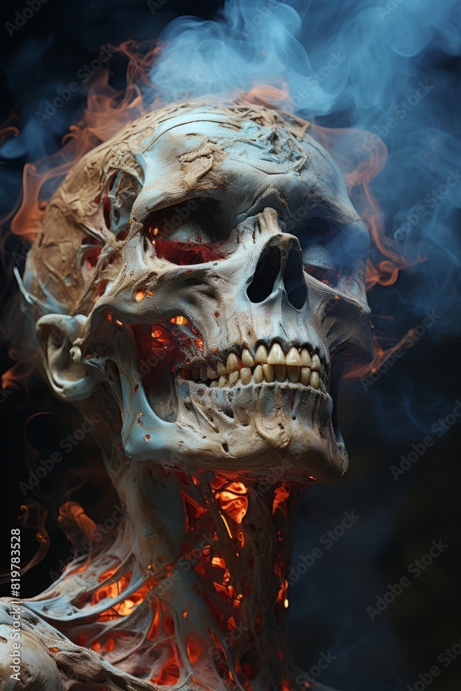 In a chilling portrait of death living, a smoke-shrouded zombie presents a canvass of a face, where bones and skin are gruesomely intertwined. In a chilling portrait of death living, a smoke-shrouded zombie presents a canvass of a face, where bones and skin are gruesomely intertwined.