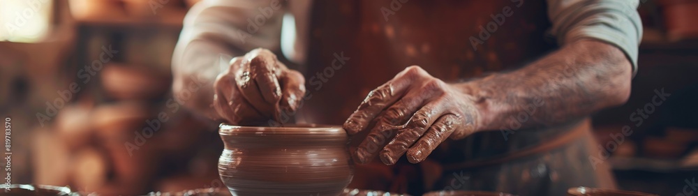 Fototapeta premium Dedicated Artist, Serene shot of potter's focused expression, Spinning wheel and forming pot in foreground