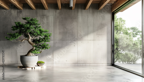 Interior wall of the house with a large potted bonsai tree and a leather chair