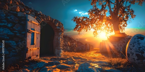 Stone door opens to reveal Easter tomb with cross symbolizing resurrection. Concept Easter, Resurrection, Stone Door, Cross Symbol, Biblical Story
