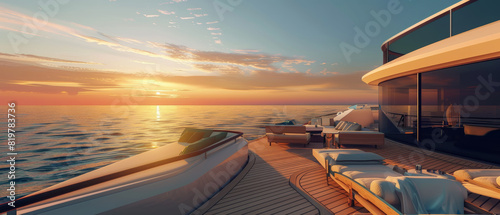A serene sunset graces the deck of a luxury yacht sailing the tranquil sea. photo