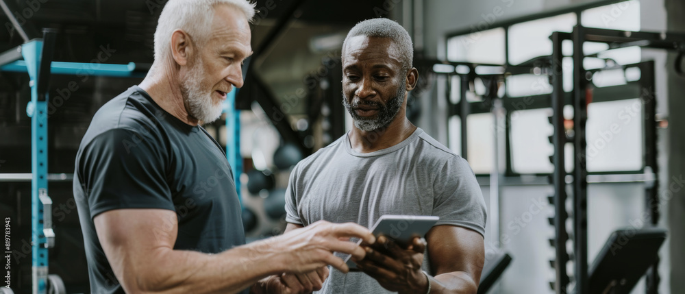 Fototapeta premium Two men at the gym review progress on tablet, sharing knowledge on fitness journey.