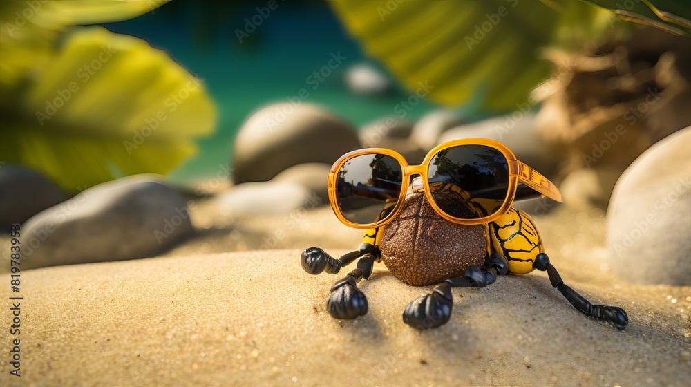 Relaxed beetle with glasses lying on stone - funny