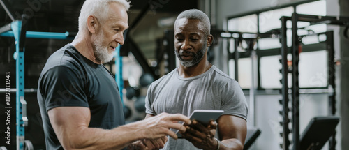 Two men at the gym review progress on tablet, sharing knowledge on fitness journey.