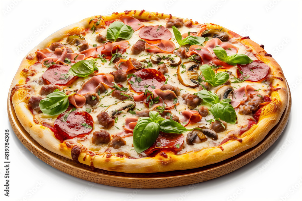 Pizza with Bavarian sausages, pepperoni, ham, mushrooms and basil on wooden plate. Delicious pizza on isolated white background