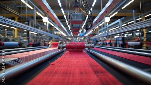 A high-tech textile factory with automated looms weaving smart fabrics, integrated sensors monitor the textile quality in real-time. 