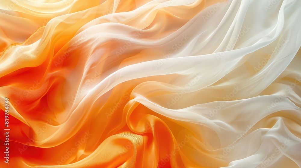 Fototapeta premium Contrasting waves of silk fabric mixed with thick white smoke, bright orange gradient colors, Indian temple pattern style, abstract background for desktop or smartphone