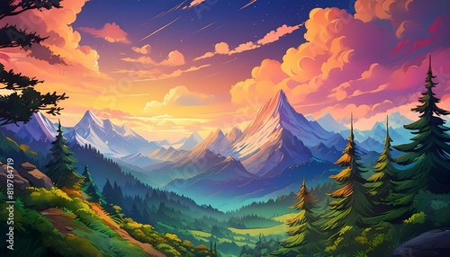 Anime Style Mountain Range with Colorful Sky