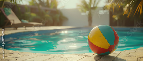 Colorful beach ball sits by a tranquil poolside  evoking leisure and summertime fun.