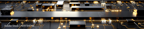 Abstract close-up of a futuristic circuit board with glowing golden lines and complex geometric patterns, symbolizing advanced technology and digital innovation.