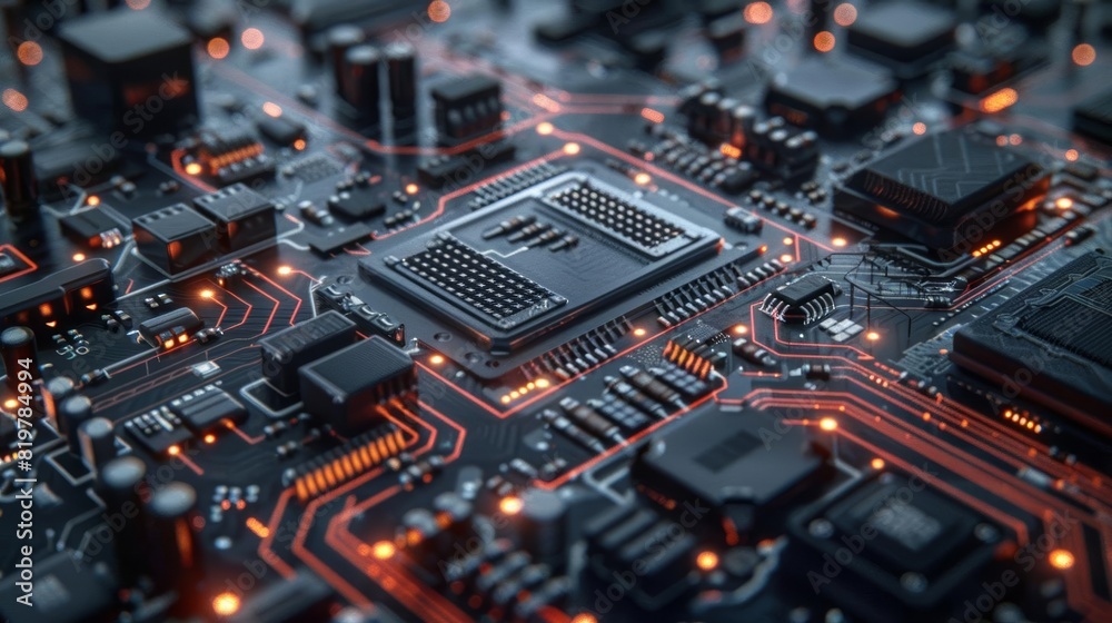 Close-up view of a computer motherboard showcasing intricate circuits, electronic components, and detailed connections, highlighting modern technology. Close-up view of a computer motherboard showcasing intricate circuits, electronic components, and detailed connections, highlighting modern technology.