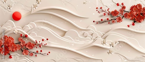 An Asian traditional icon modern background with cherry blossom, wave patterns, bamboo and ribbons.