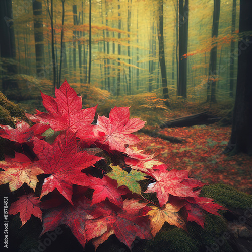 illustration of fallen red leaves in the autumn forest