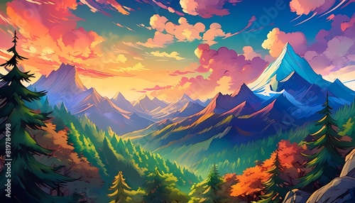 Anime Style Mountain Range with Colorful Sky