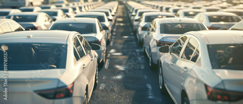 Endless rows of parked cars in a traffic jam portray the frustration of rush hour congestion.