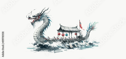 Dragon Boat Festival watercolor illustration, Chinese Dragon Boat Festival rice dumplings, legend of Qu Yuan, giant rice dumplings on the river, dragon boat, abstract watercolor painting