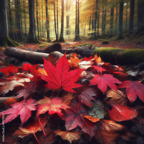 illustration of fallen red leaves in the autumn forest