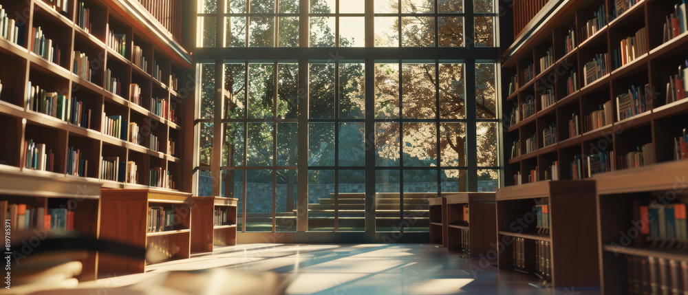 Sunlight filters through the lofty windows of a tranquil library, inviting quiet study and reflection.