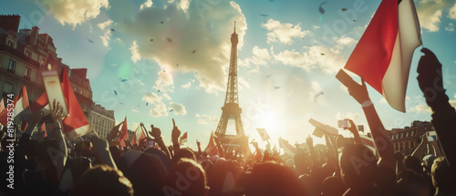 Jubilant crowd with French flags cheering in front of the iconic Eiffel Tower, celebrating. photo