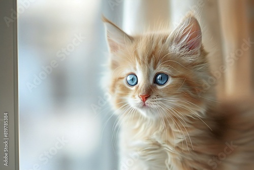 Depicting a cute fluffy kitten with blue eyes looking at camera
