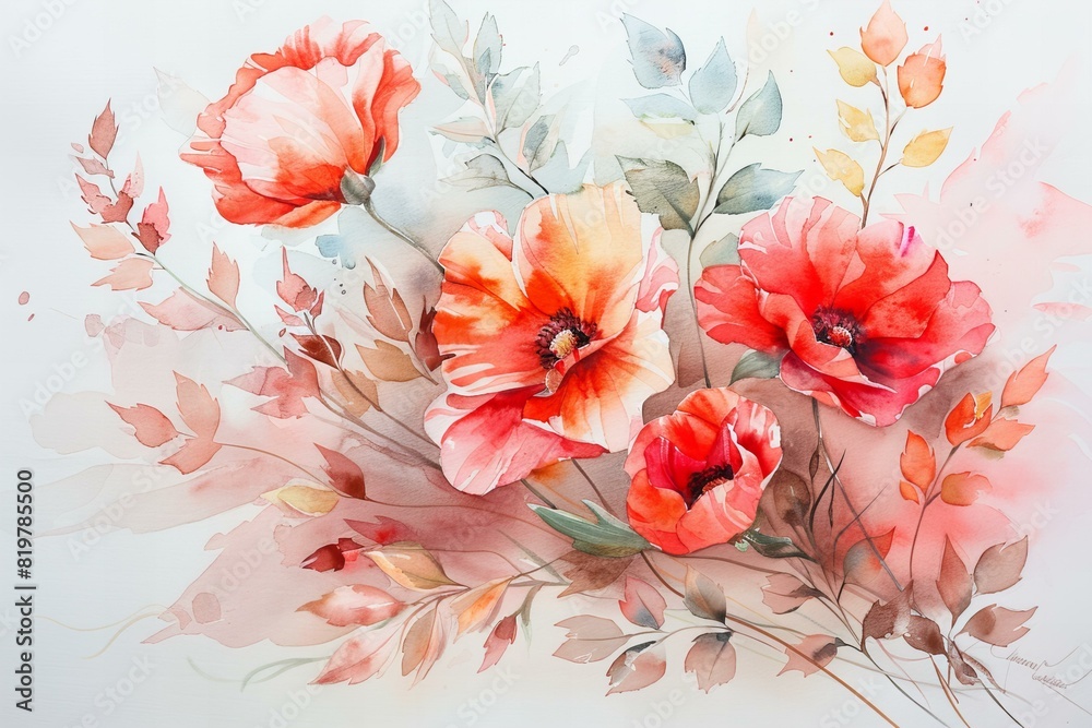 Digital artwork of some watercolor painted flowers and leaves, high quality, high resolution