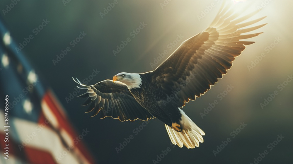 Fototapeta premium Photo of Majestic Bald Eagle Soaring in Front of American Flag. Patriotic. 