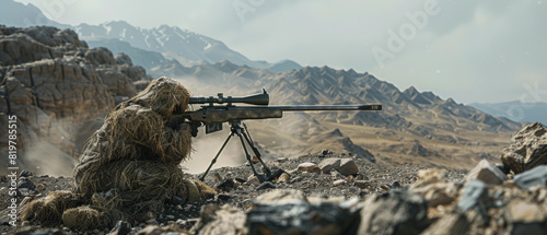 Stealthy sniper concealed in a ghillie suit aiming a rifle across a rocky, mountainous terrain. photo