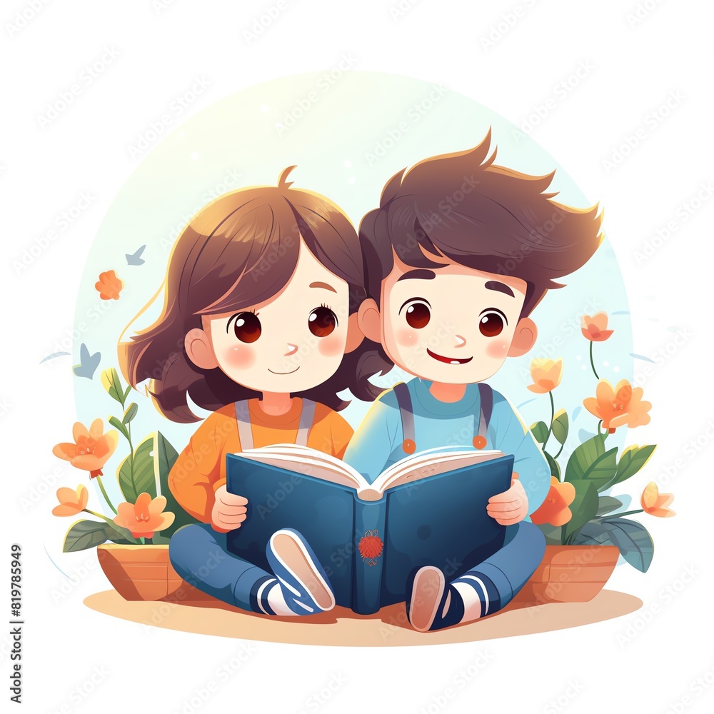 Two children, a boy and a girl, are sitting on the ground reading a book. They are surrounded by flowers and plants. The sun is shining. The children are happy and carefree. Two children, a boy and a girl, are sitting on the ground reading a book. They are surrounded by flowers and plants. The sun is shining. The children are happy and carefree.