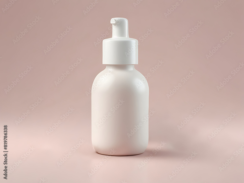 A blank cosmetic pump bottle container stand against pastel colored empty background. 3D render of beauty product mockup. Generative AI. A blank cosmetic pump bottle container stand against pastel colored empty background. 3D render of beauty product mockup. Generative AI.