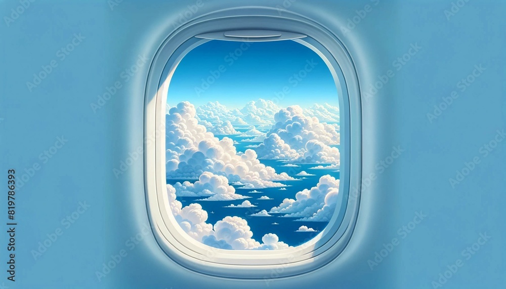 View from a Plane Window Overlooking Clouds, Generative AI View from a Plane Window Overlooking Clouds, Generative AI