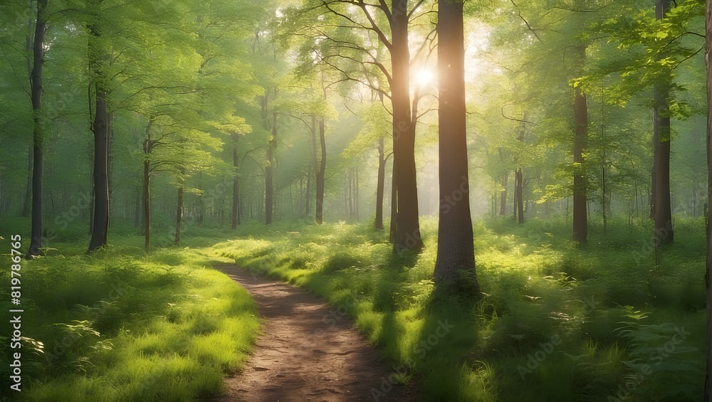 Fototapeta premium A winding path through a lush green forest with tall trees and vibrant foliage