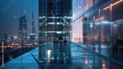 Modern architecture of glass wall building exterior on city night background. Generated AI image