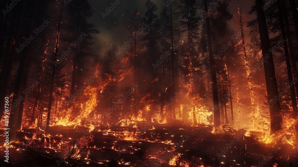 A dramatic forest fire with intense flames spreading through the trees, showcasing the destructive power of wildfire in a dense woodland area.