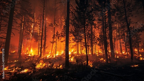 A dramatic forest fire blazing through dense trees, illuminating the night sky with bright orange flames.