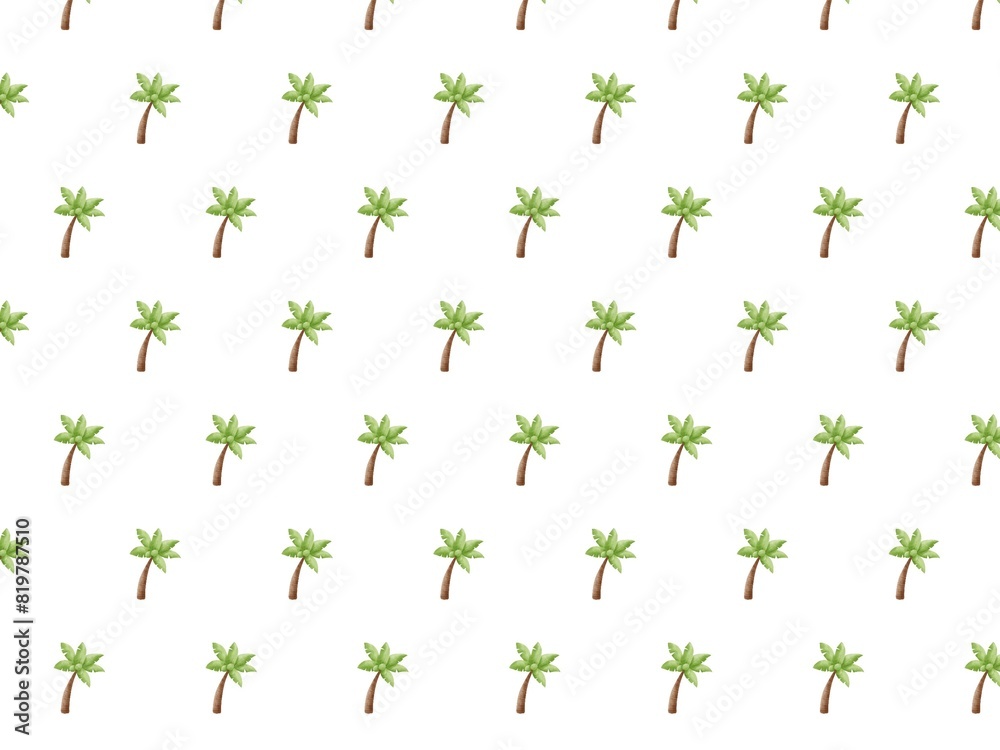 Fototapeta premium Hand Draw Summer Tropical Palm Tree Island, Seamless Pattern summer fruits , coconut tree, background, Pattern, Summer