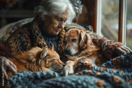 A senior woman knitting with her sleeping cat and dog beside her, portraying peaceful coexistence and multipet households