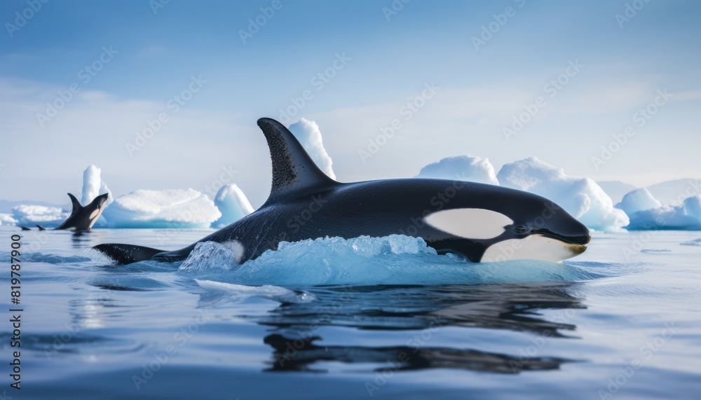 Fototapeta premium Groups of Orcas or killer whales swim and hunt for prey, the top of the food chain in a sea of ​​ice floes