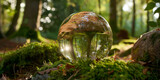 glass ball in the forest, Environment conservation concept. Close up of glass globe in the forest with copy space