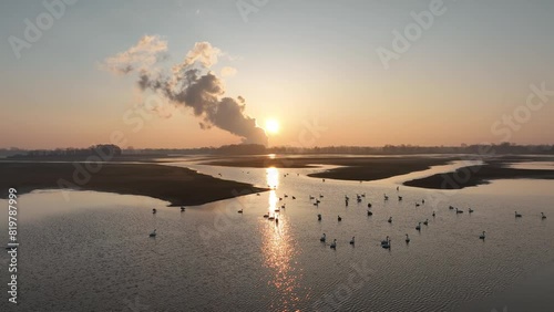 Drone shot of flooded nature preserve landscape with swimming geese on water at sunrise in Germany photo