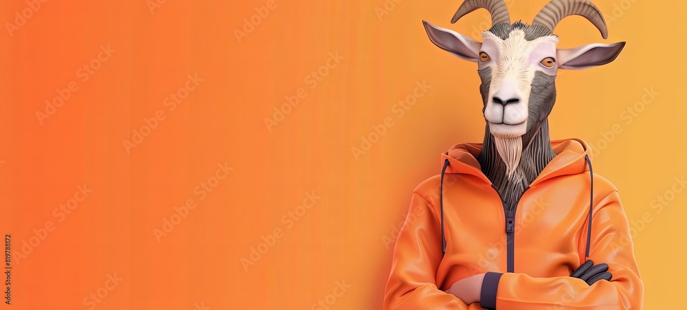 Fototapeta premium goat in a tracksuit on an orange background. bright colors. cartoon style. place for text. 