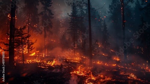 An intense forest fire burning through a dense forest at night, with flames and smoke creating a dramatic and dangerous scene.