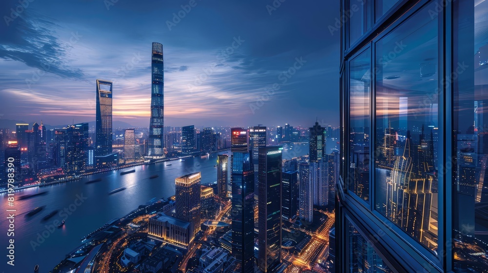 Fototapeta premium Magazine spread featuring iconic skyscrapers, combining stunning night-time lighting with stories of their construction and impact on city skylines