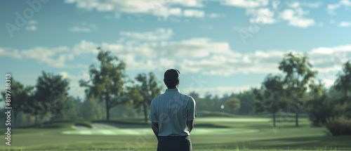 Golfer in contemplation, visualizing the fairway challenge ahead on a misty morning.