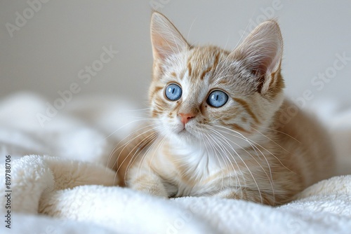A kitten is laying down with blue eyes, high quality, high resolution