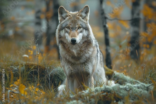 Depicting a gray wolf in a grassy area with trees throughout
