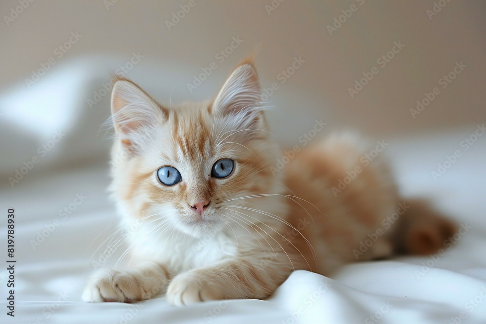 A kitten is laying down with blue eyes, high quality, high resolution