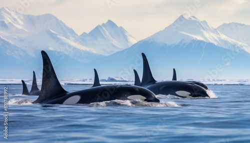 Groups of Orcas or killer whales swim and hunt for prey, the top of the food chain in a sea of ​​ice floes