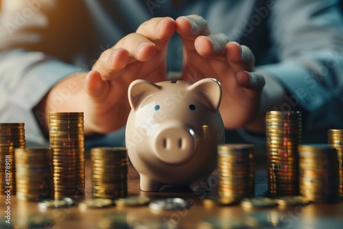 Hands shielding a piggy bank surrounded by stacks of coins, symbolizing savings, financial security, and wealth management.