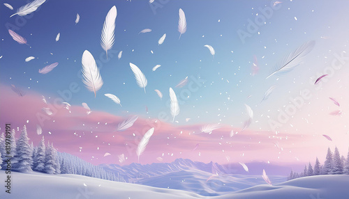 夕陽に染まる雪原に天使の羽が舞う